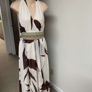 Venus Chiffon Hi Low Dress Cream Brown Halter